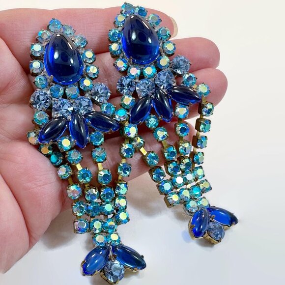Jewelry - Blue Earrings, Czech Glass, Rhinestones, Art Deco Style, Long, Brass, Pierced